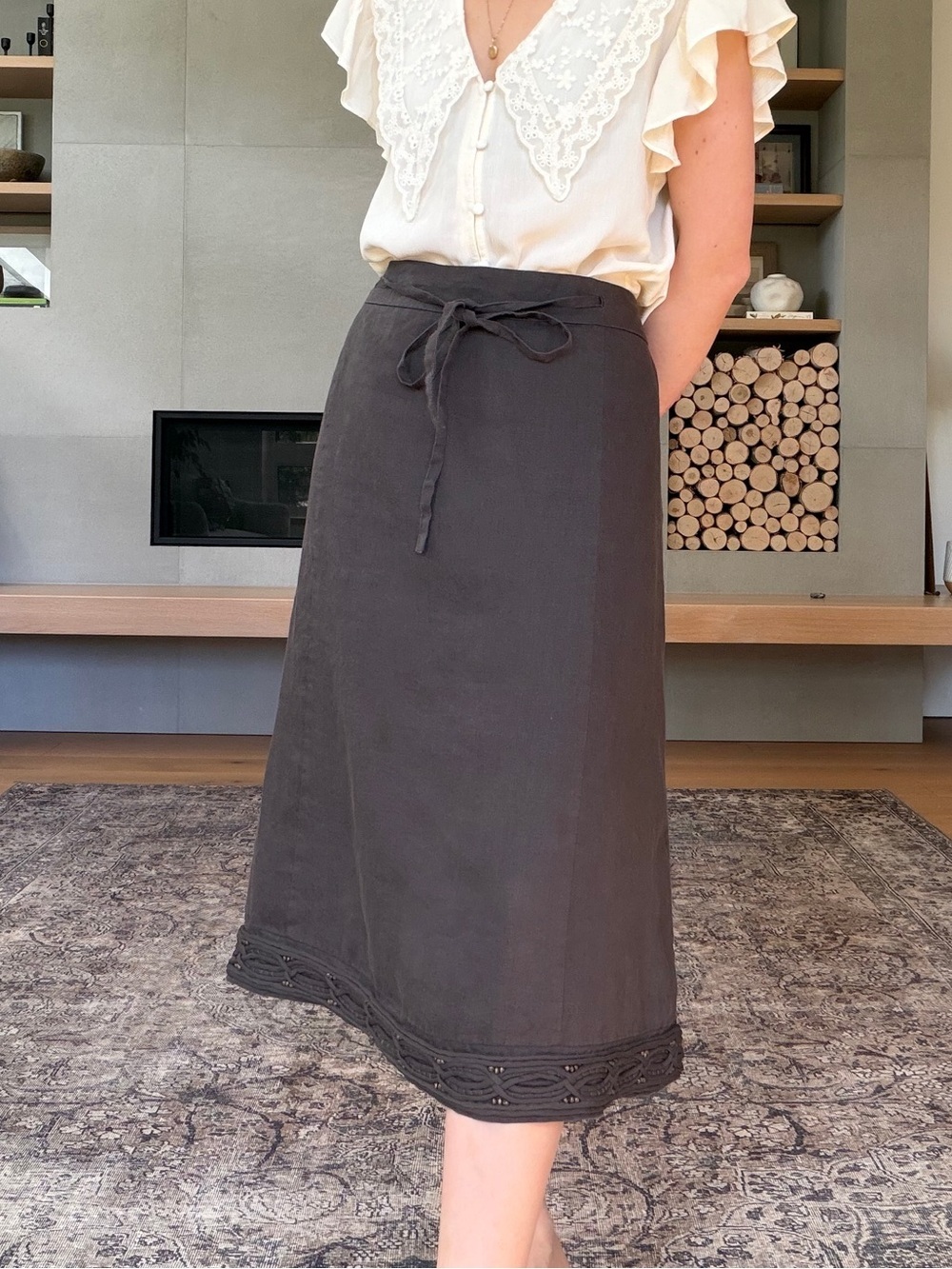 100% linen Dark Brown Midi Skirt with Tie Waist and bead hem